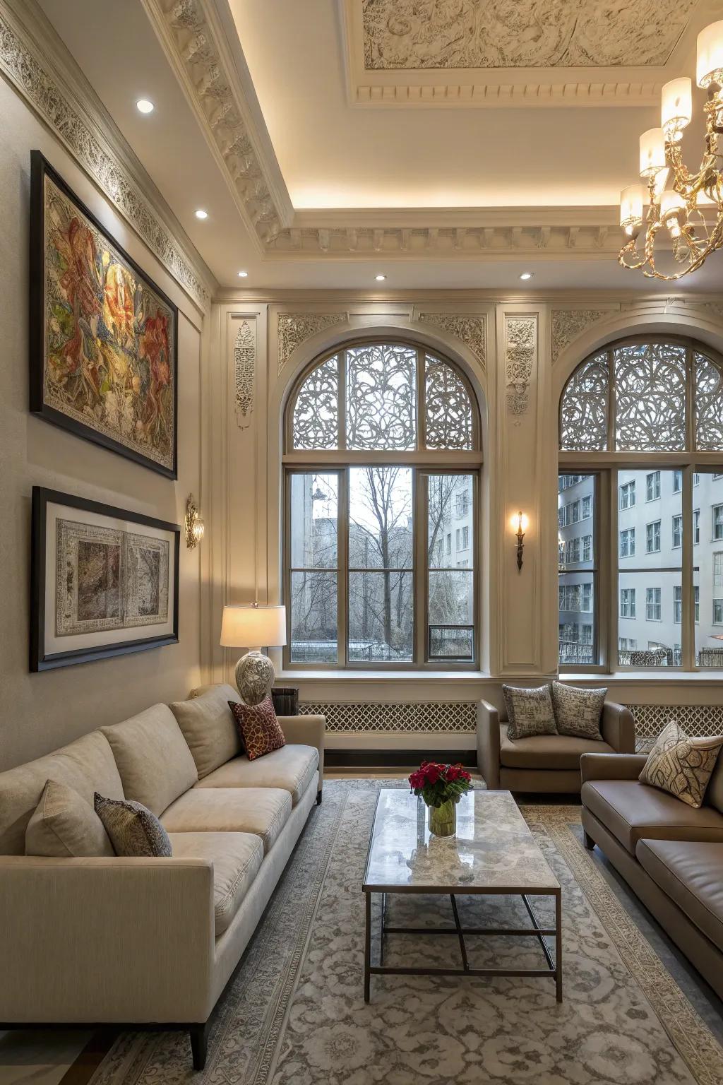 Window casings highlighting architectural beauty in the living room.