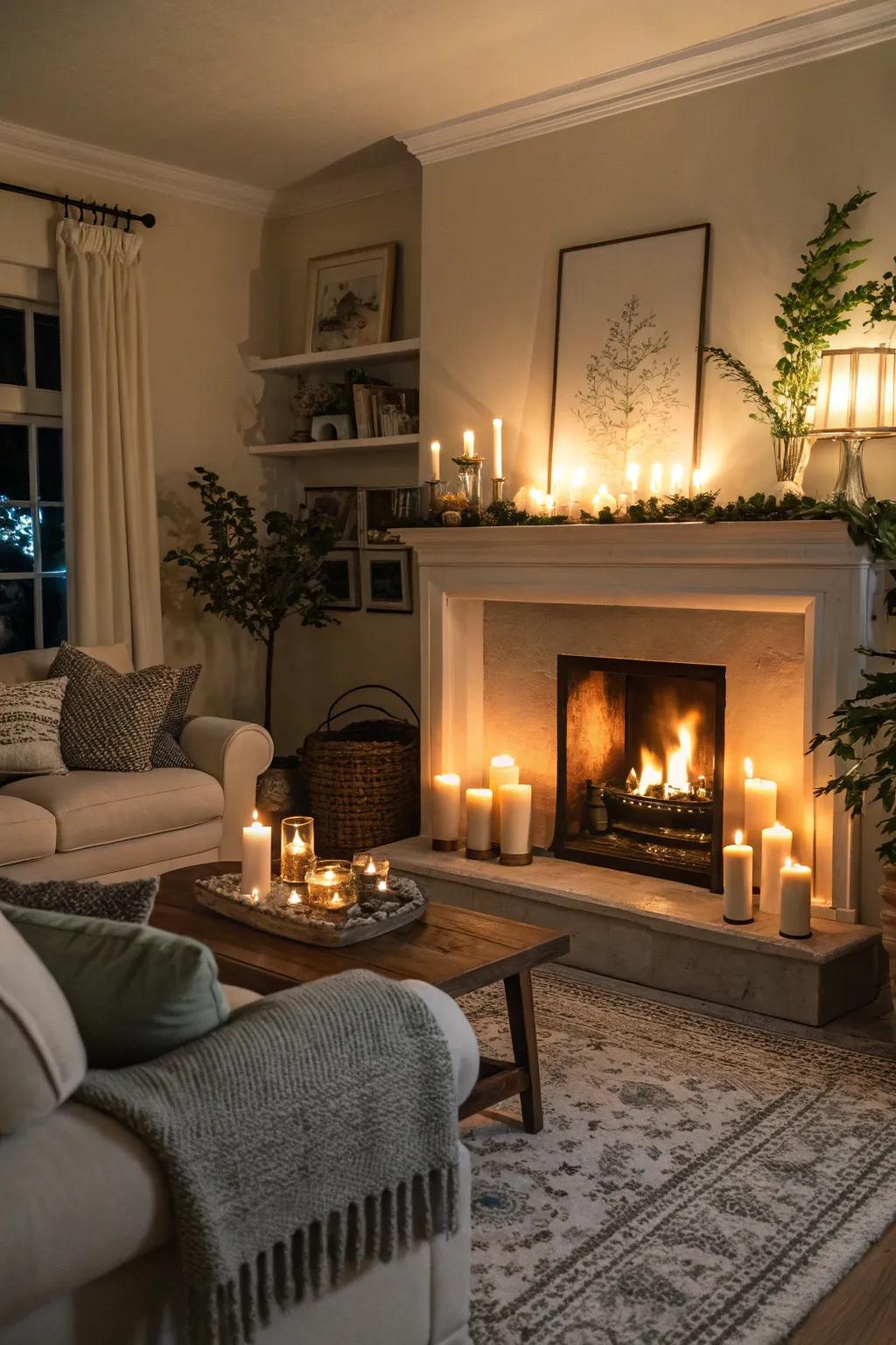 A living room where a fireplace filled with candles creates a warm ambiance.