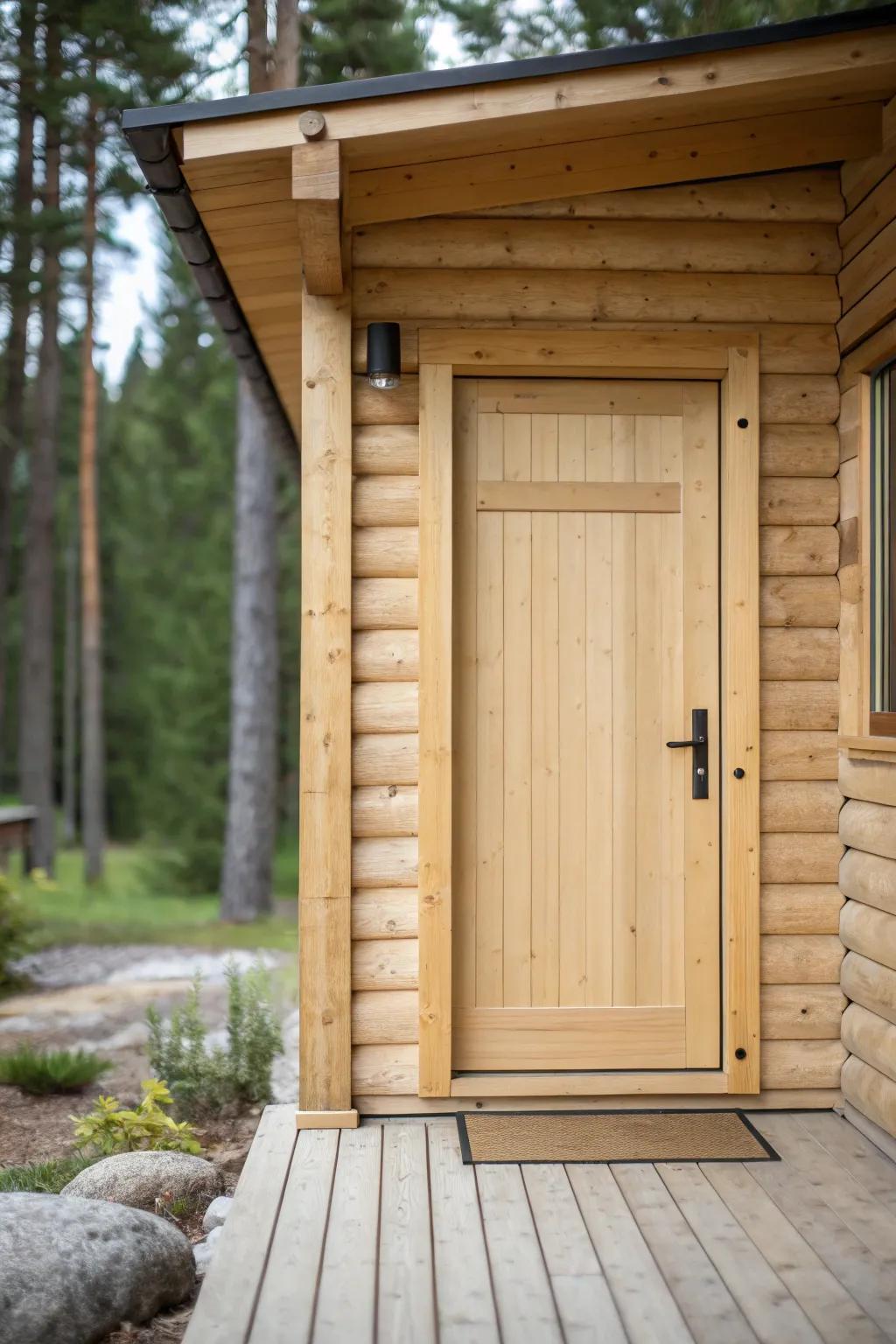 A log cabin door with a sleek and minimalist aesthetic.