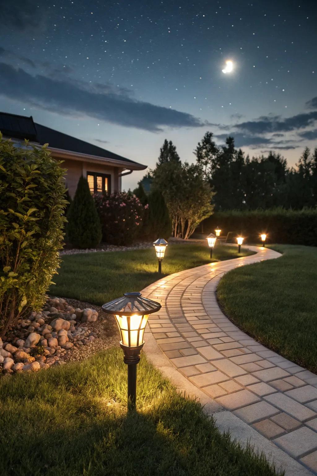 Solar lighting adding safety and ambiance to the landscape.