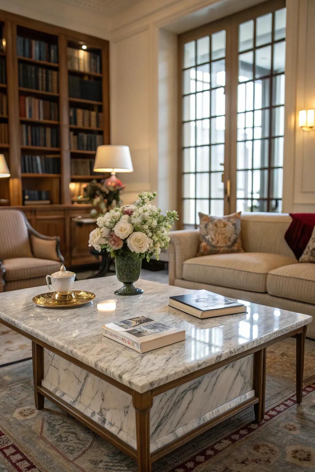 A marble coffee table serves as a functional and stylish centerpiece.