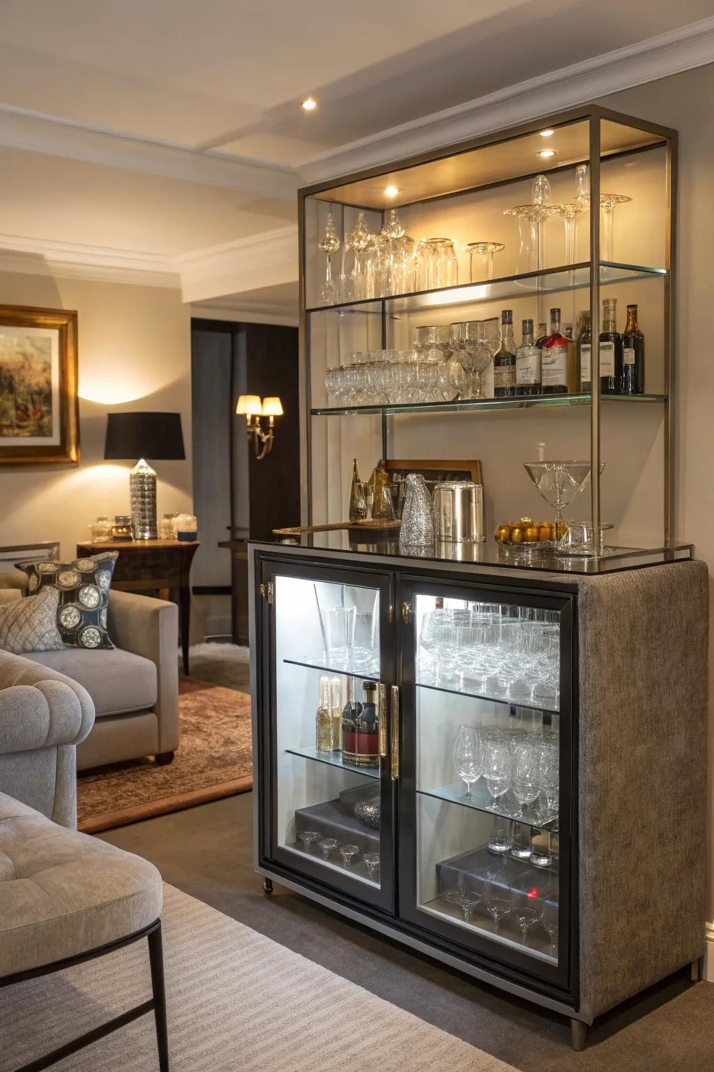 A mini bar adds a touch of elegance to the den.