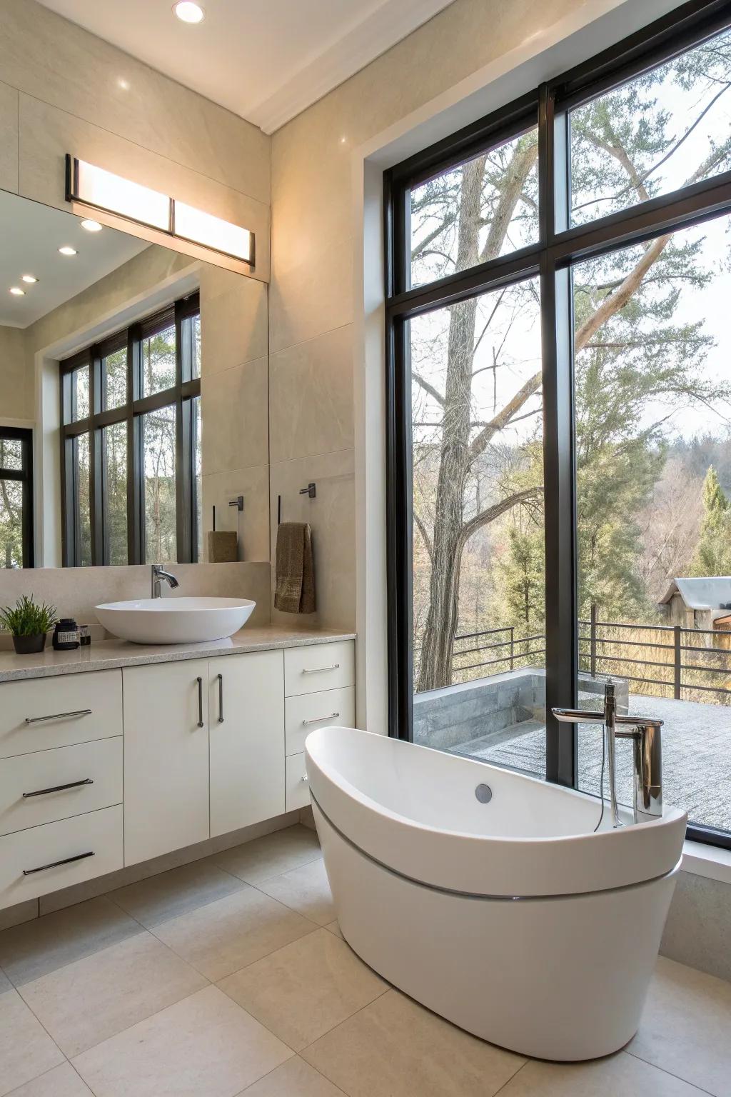 A modern bathroom featuring an asymmetrical vanity design.