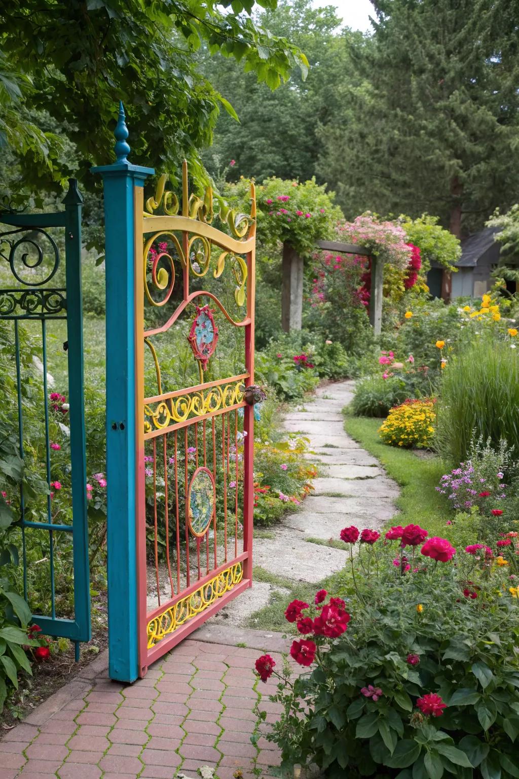 A colorful metal gate that adds a bold and vibrant touch to your home.