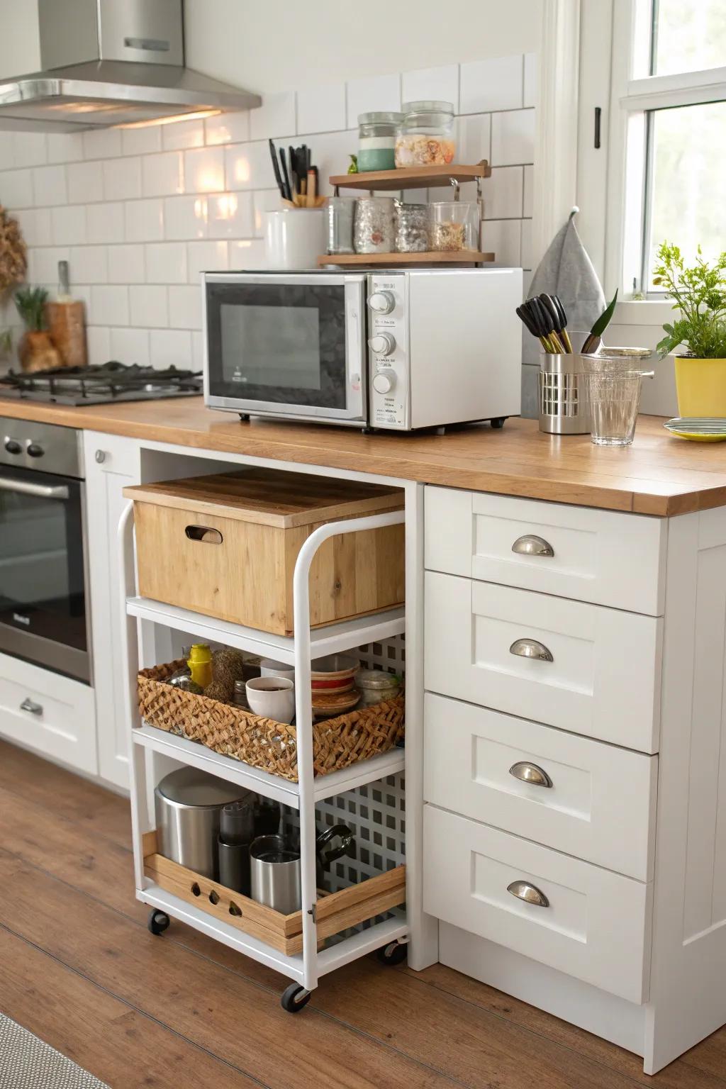 Maintain a clutter-free kitchen with a cart featuring drawers.