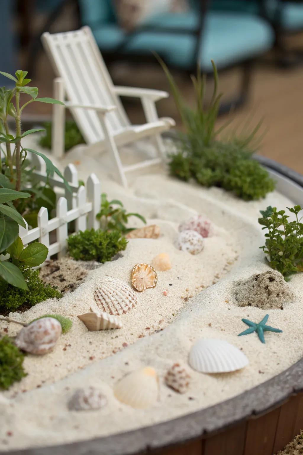 A themed mini garden with a beach scene, complete with sand and seashells.