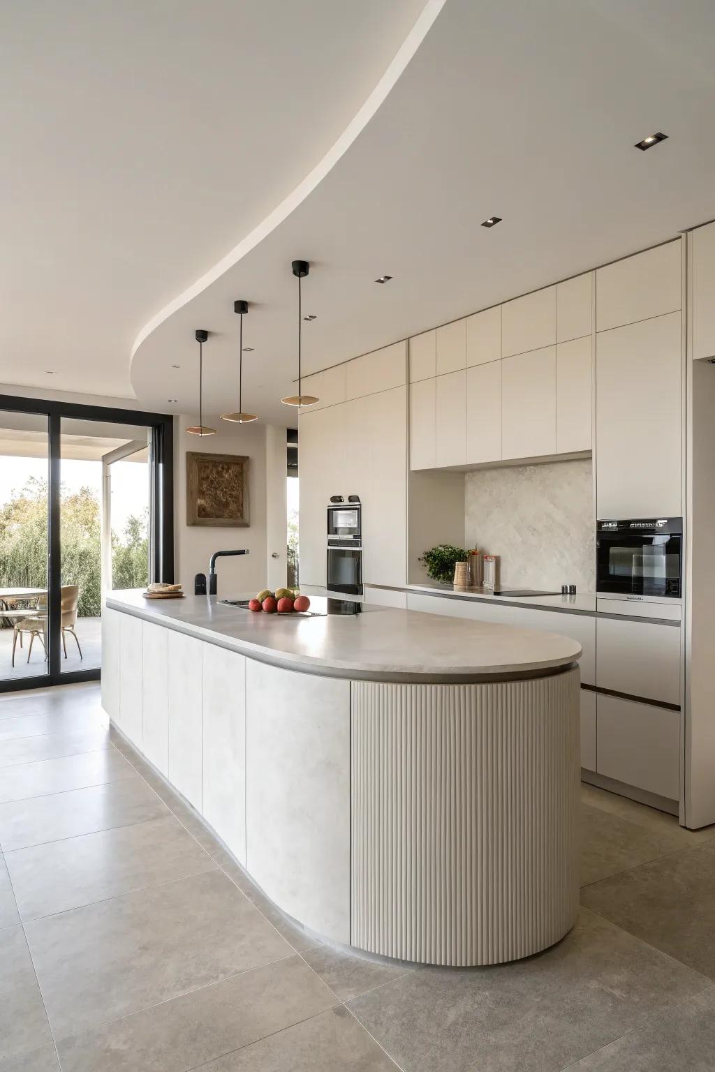 A curved island adding movement and interest to a minimalist kitchen.