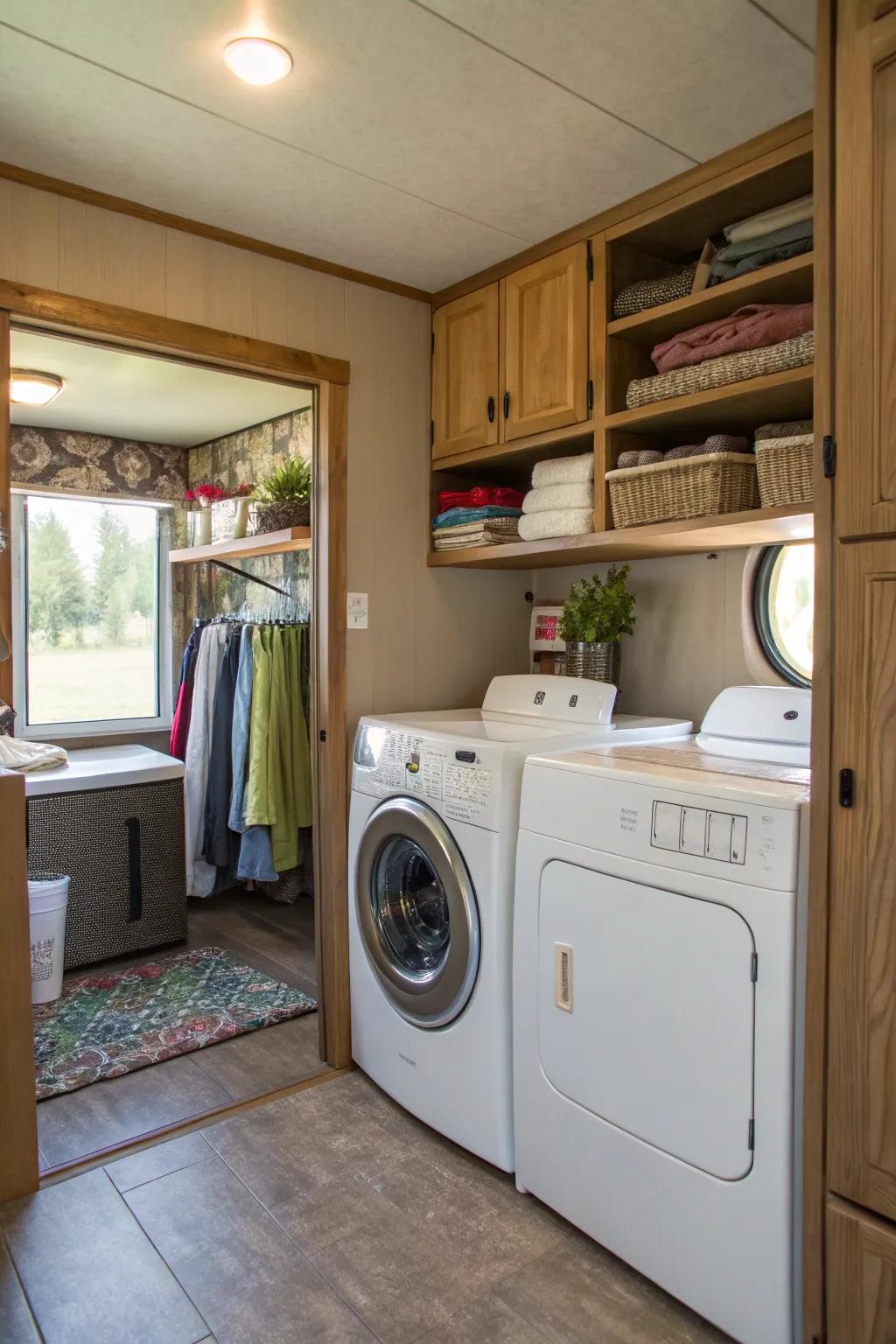 A well-equipped laundry room with washer, dryer, and storage, making laundry tasks convenient.