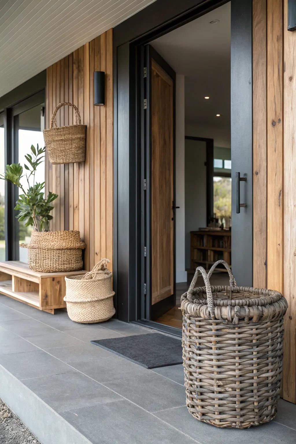 Textural elements add depth and warmth to a modern entryway.