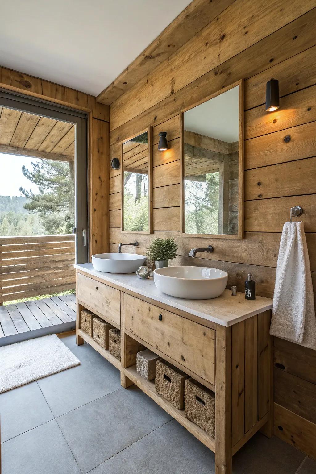 Reclaimed materials infuse the bathroom with character and sustainability.