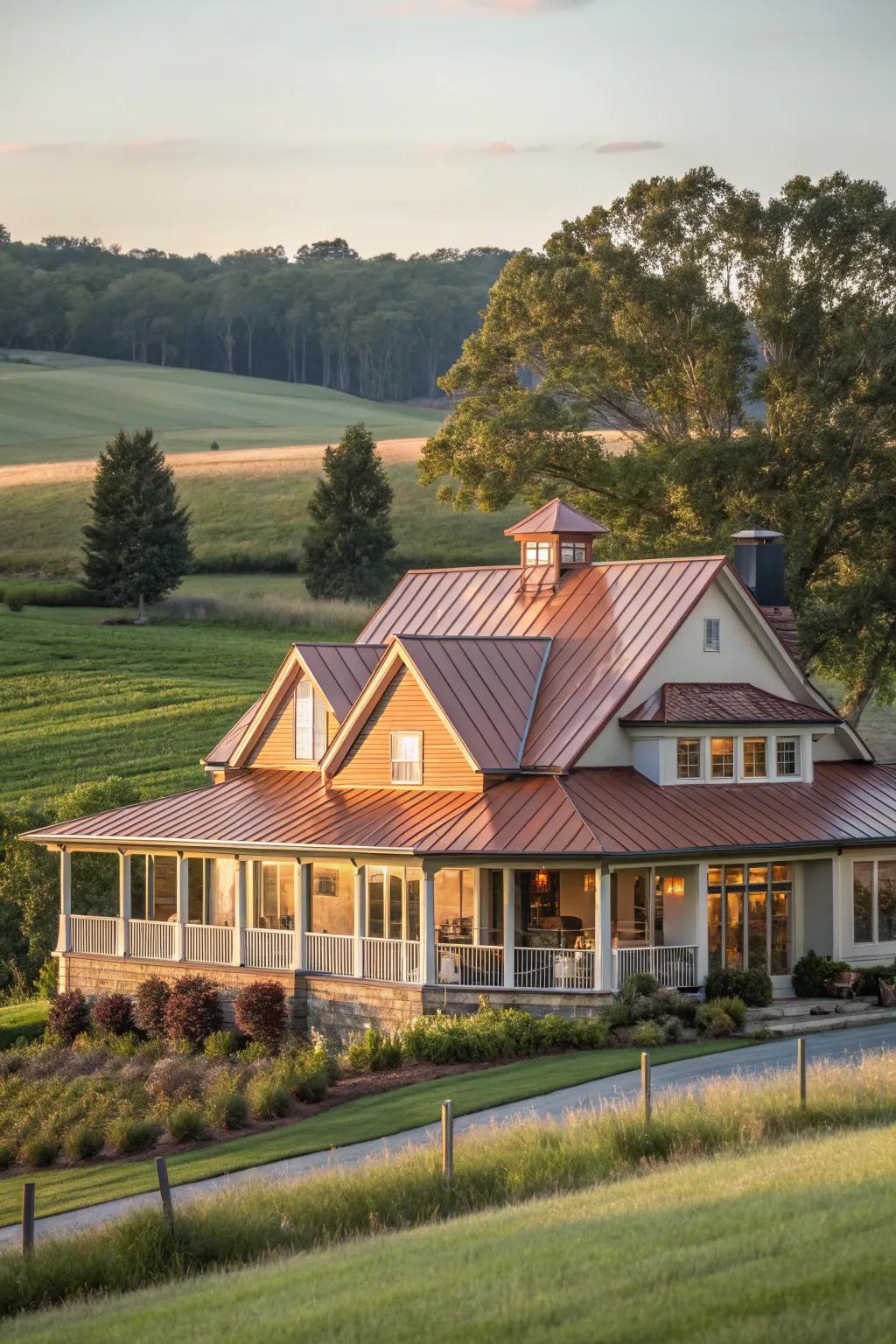 Luxurious warmth: A farmhouse with copper accents on a metal roof.