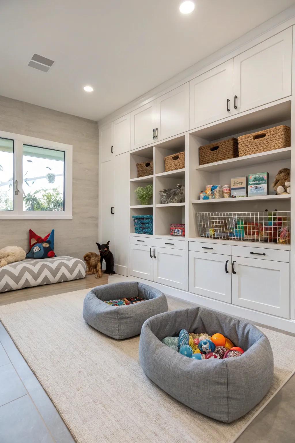 A welcoming pet-friendly area in a versatile flex room.