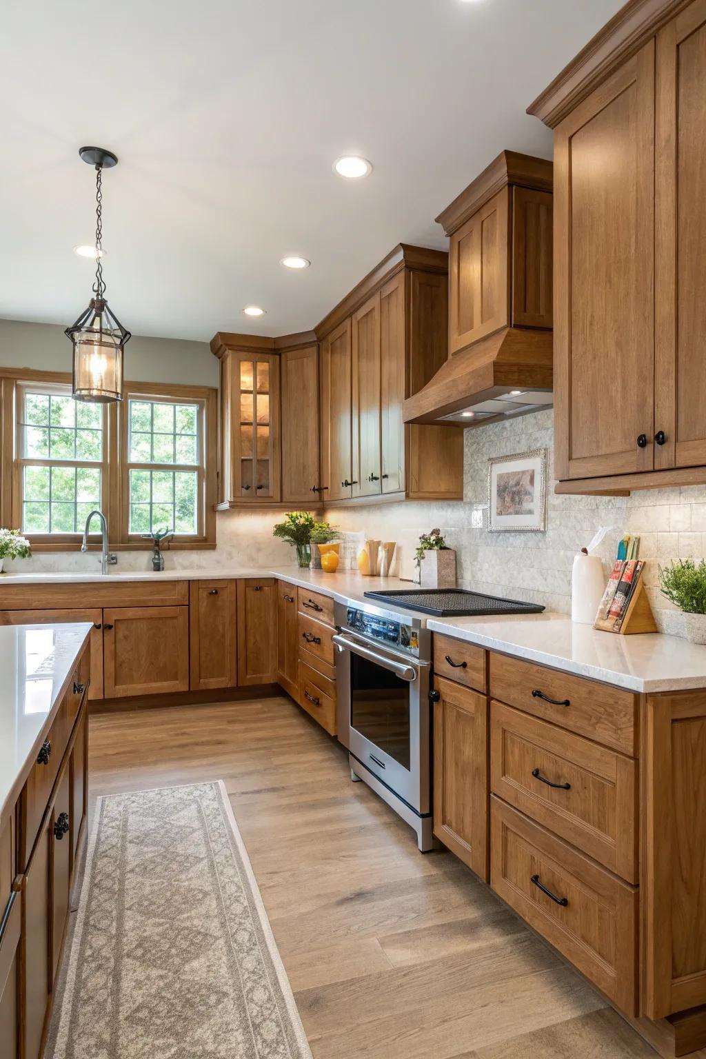 Symmetry in design creates balance and harmony in oak cabinet kitchens.