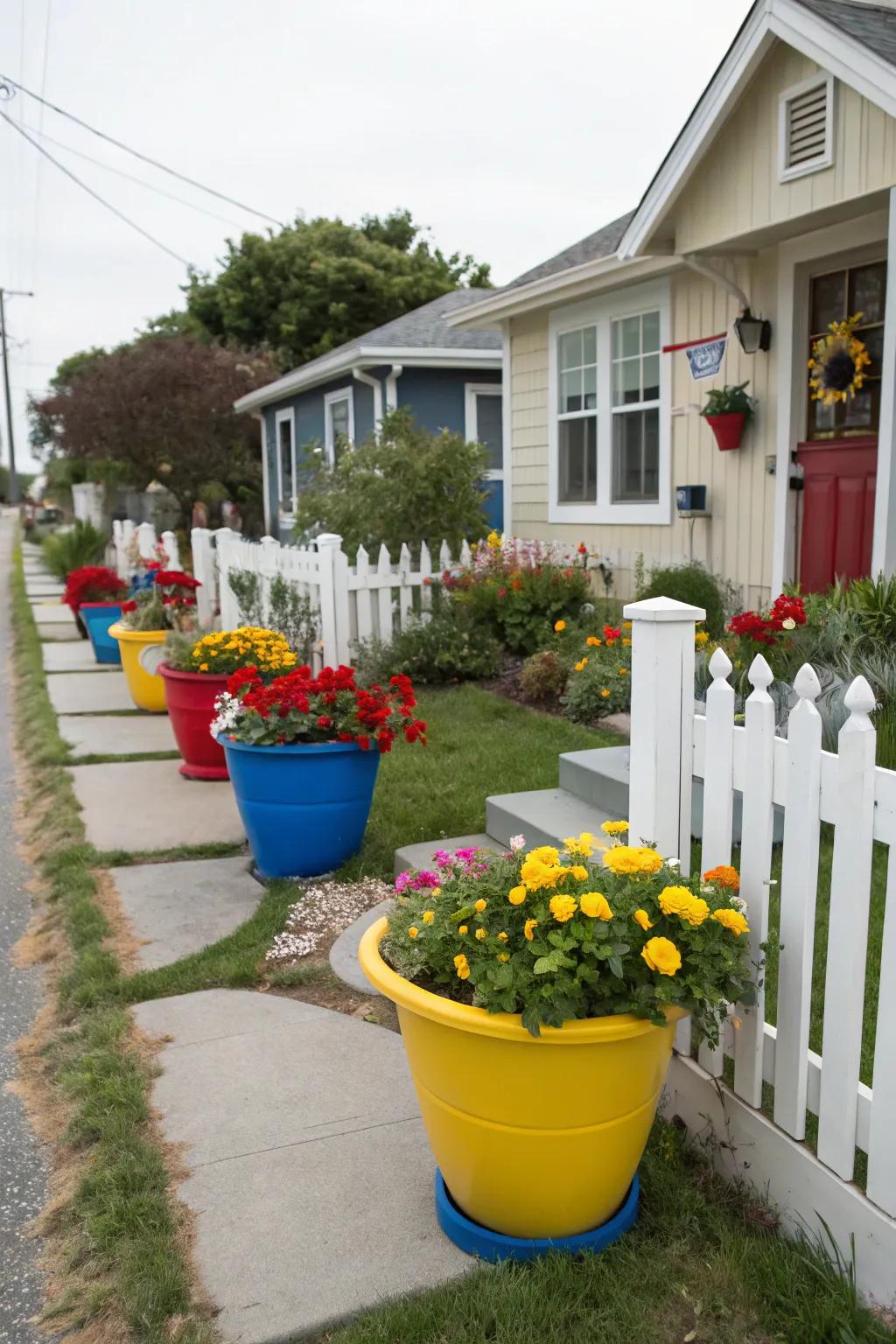 Brightly colored planters injecting vibrancy into a modern front yard.