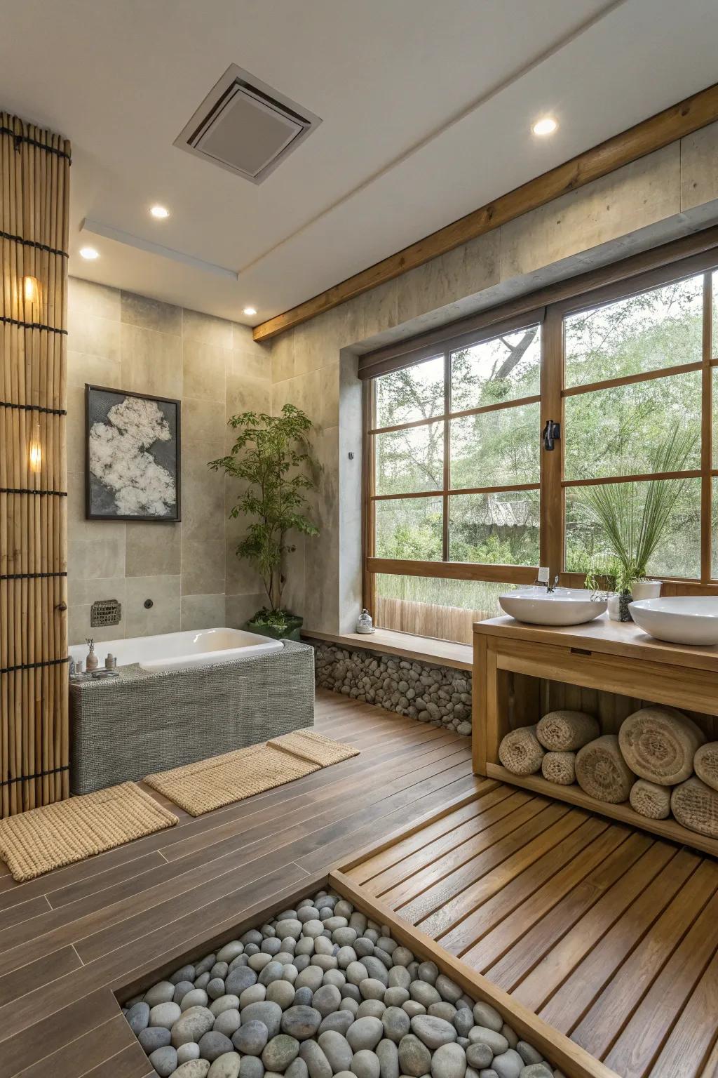 Zen-inspired elements create a peaceful retreat in the bathroom.