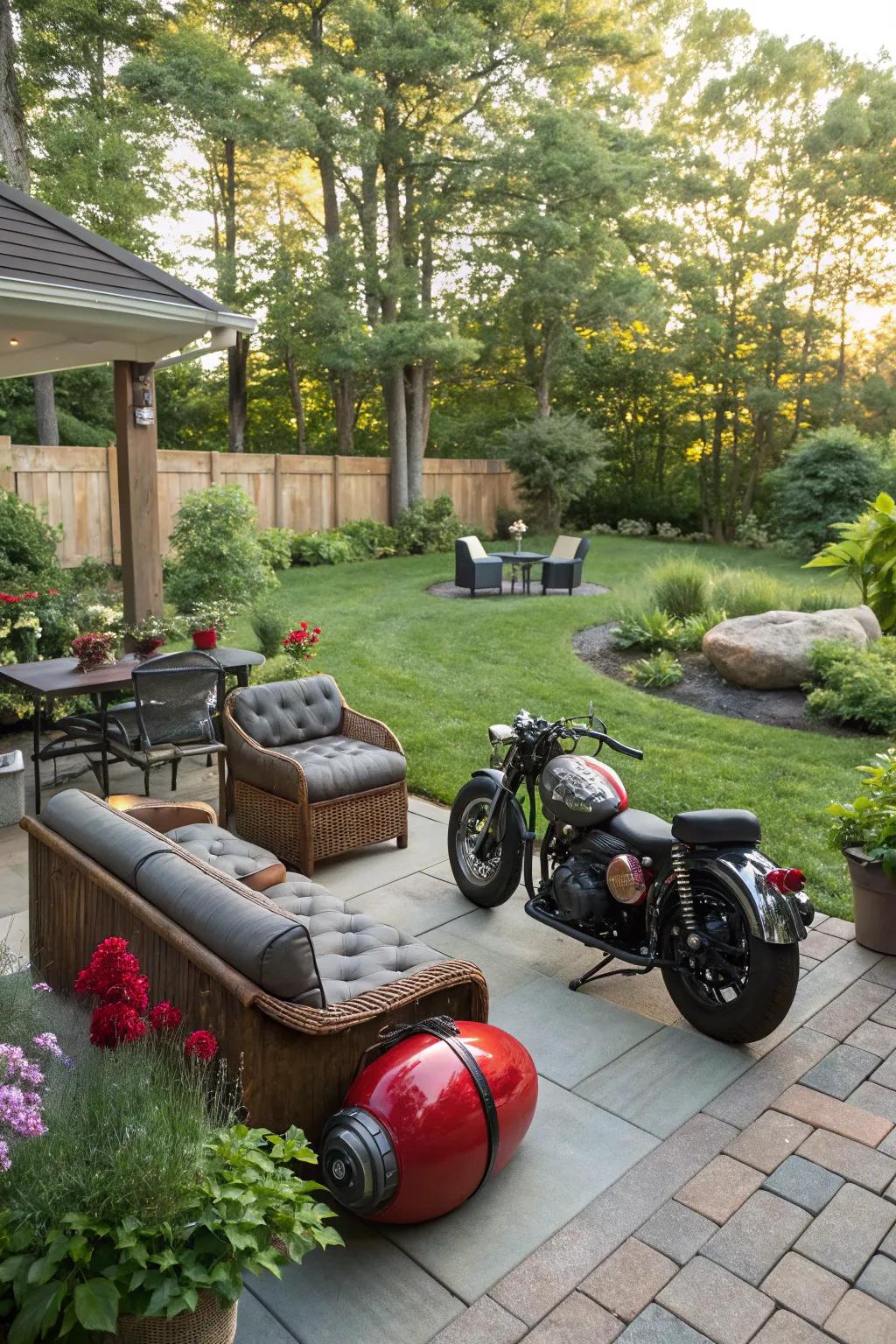 An outdoor patio with motorcycle-inspired touches.