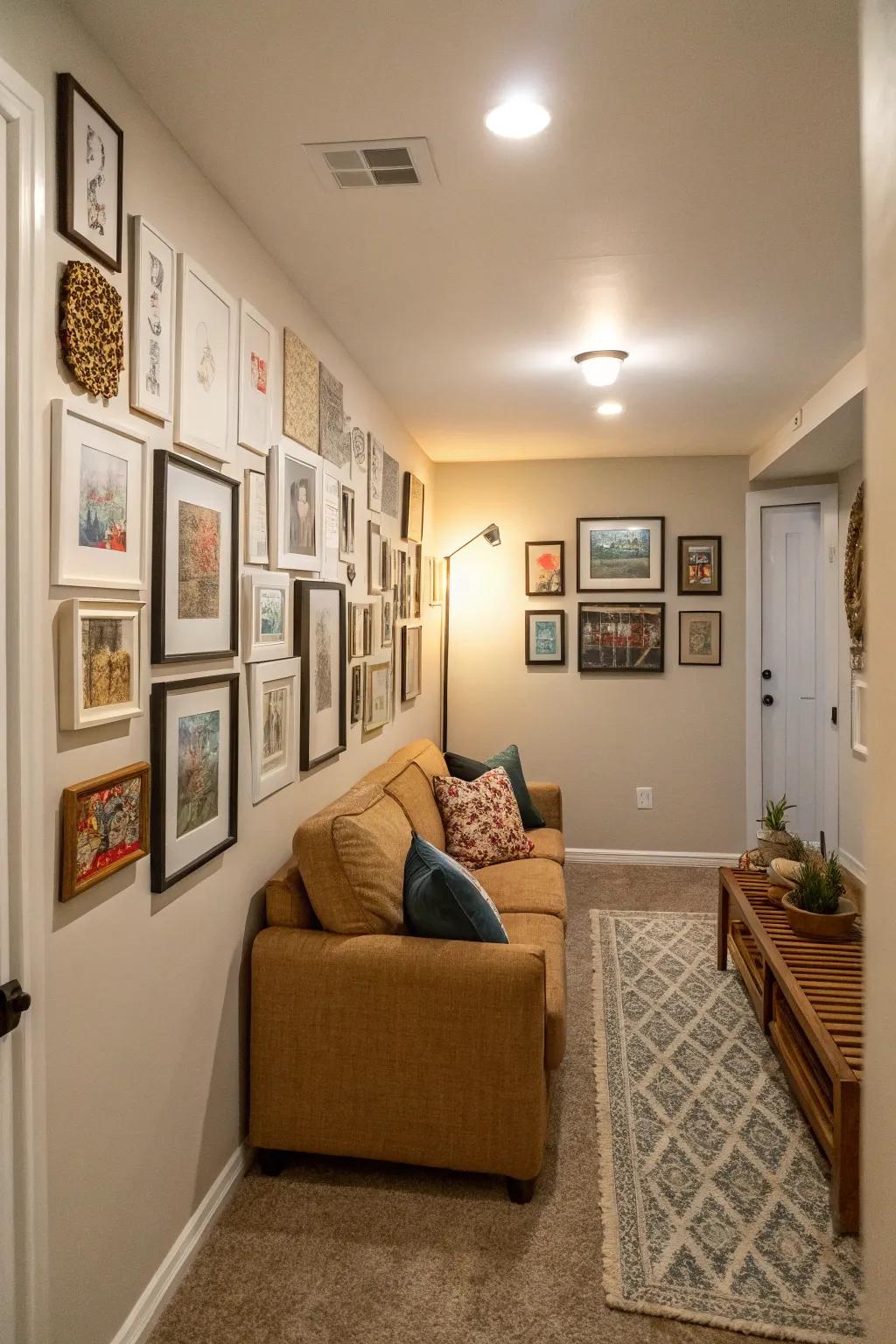 A gallery wall adding personality to a narrow living room.