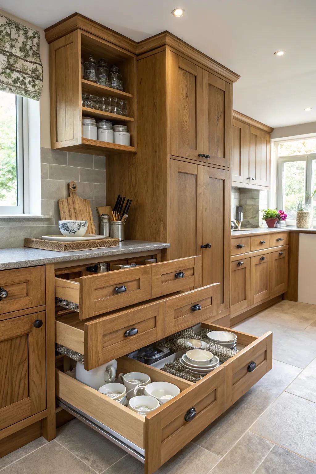 Pull-out storage enhances organization in oak kitchens.