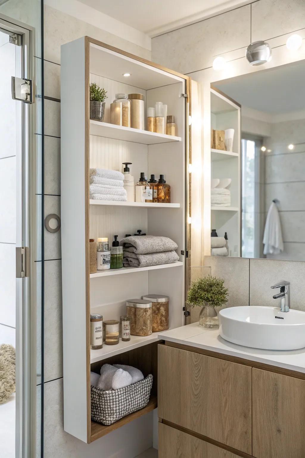 Mirrors enhance the sense of space on open bathroom shelves.