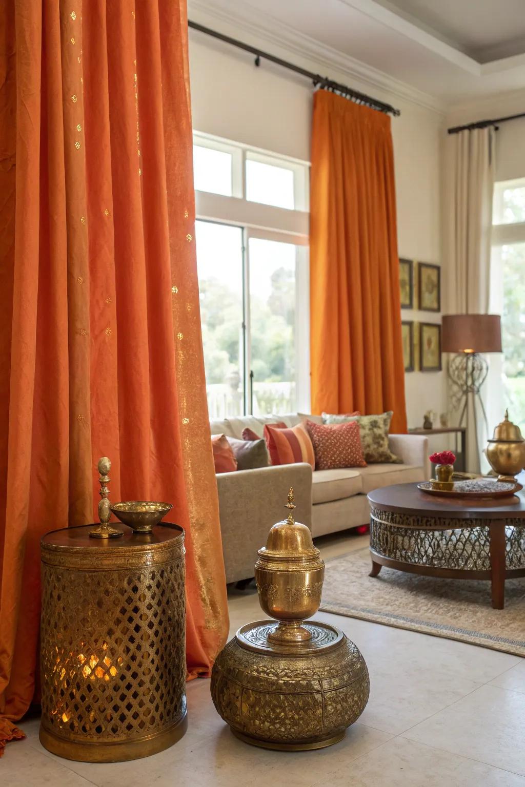 Luxurious metallic accents complementing orange curtains.