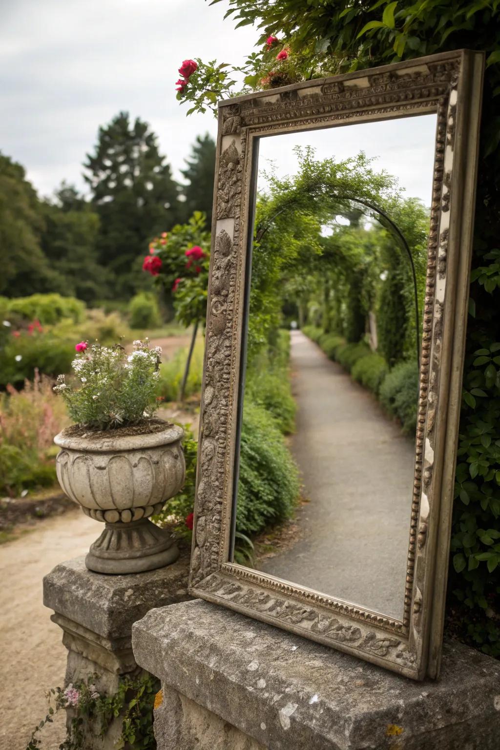 A garden mirror reflecting light and greenery, enlarging the space.