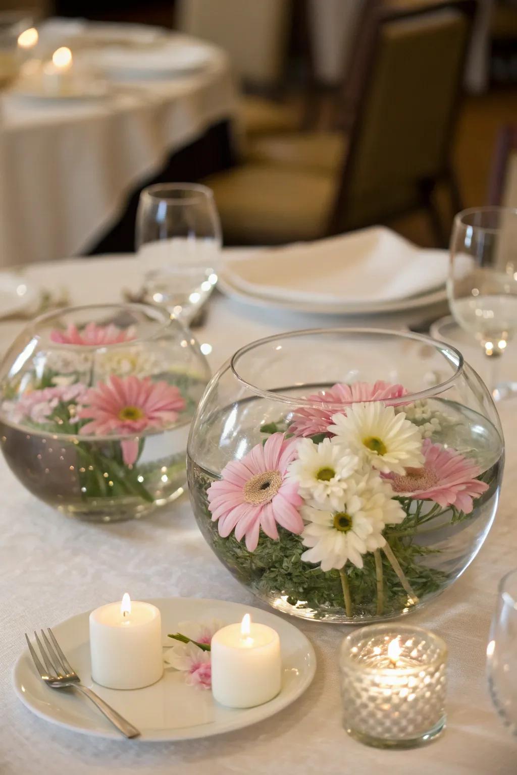 A dreamy centerpiece with floating flowers.