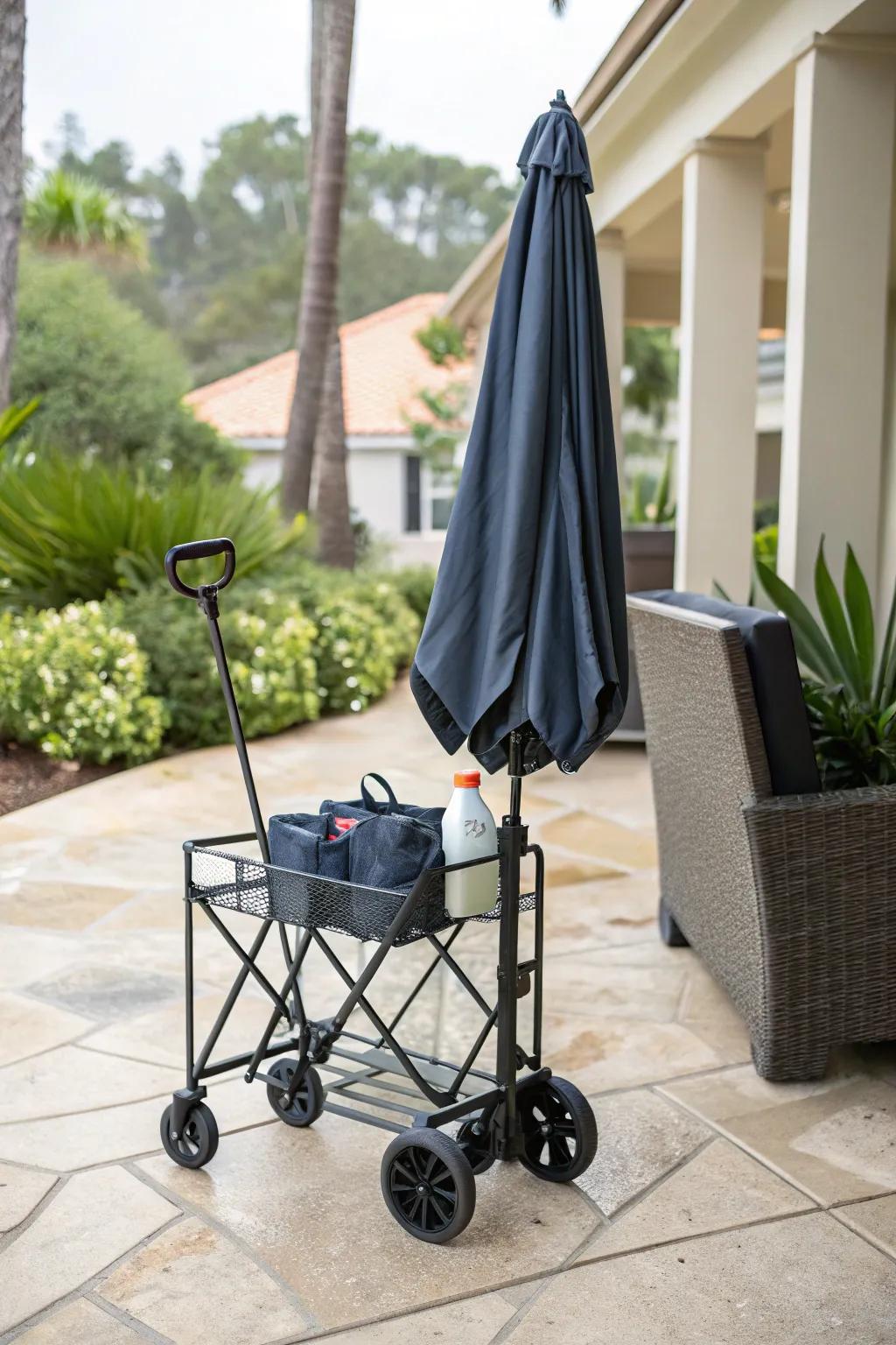 Convenient portable cart for flexible umbrella storage.