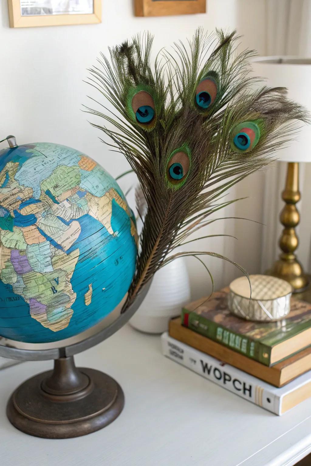 A travel-inspired centerpiece with a globe and peacock feathers.