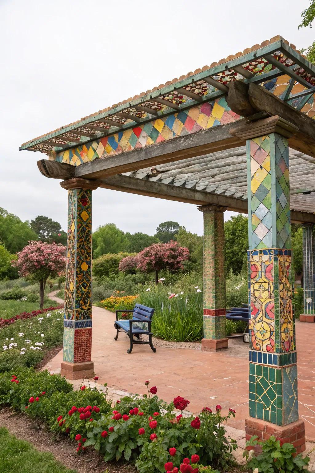 A mosaic tile roof adds artistic flair to your pergola.