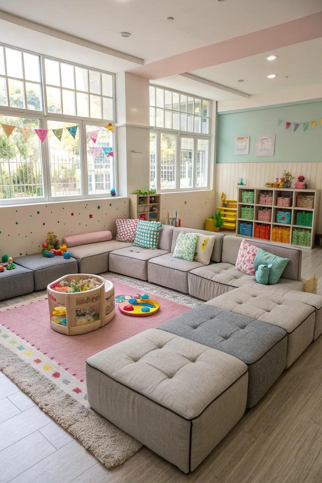 A flexible playroom with customizable couch pieces.