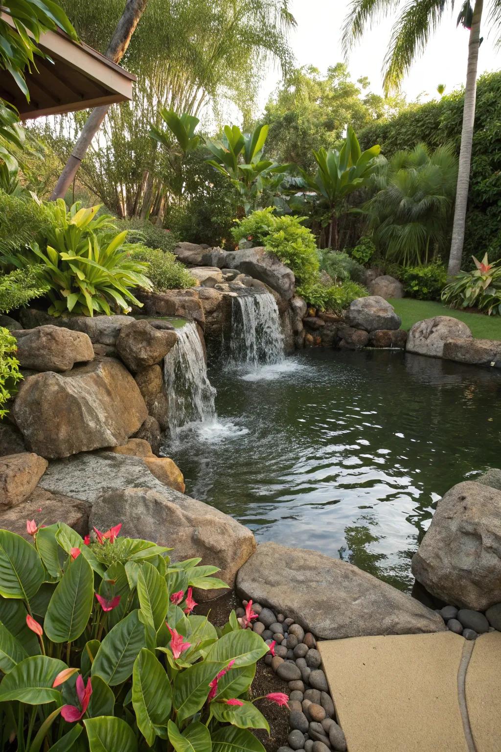 A backyard pond with a cascading waterfall for a tropical feel.