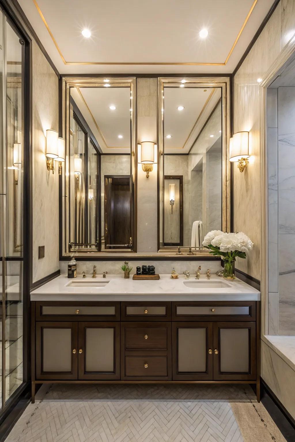 A powder room using mirrored surfaces to enhance space.