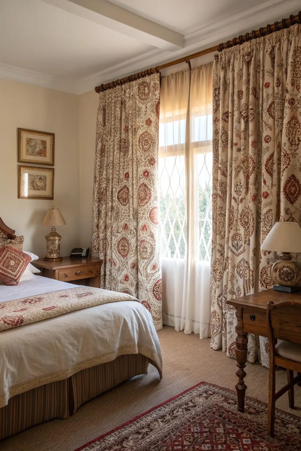 Patterned curtains enhance room decor while ensuring privacy.