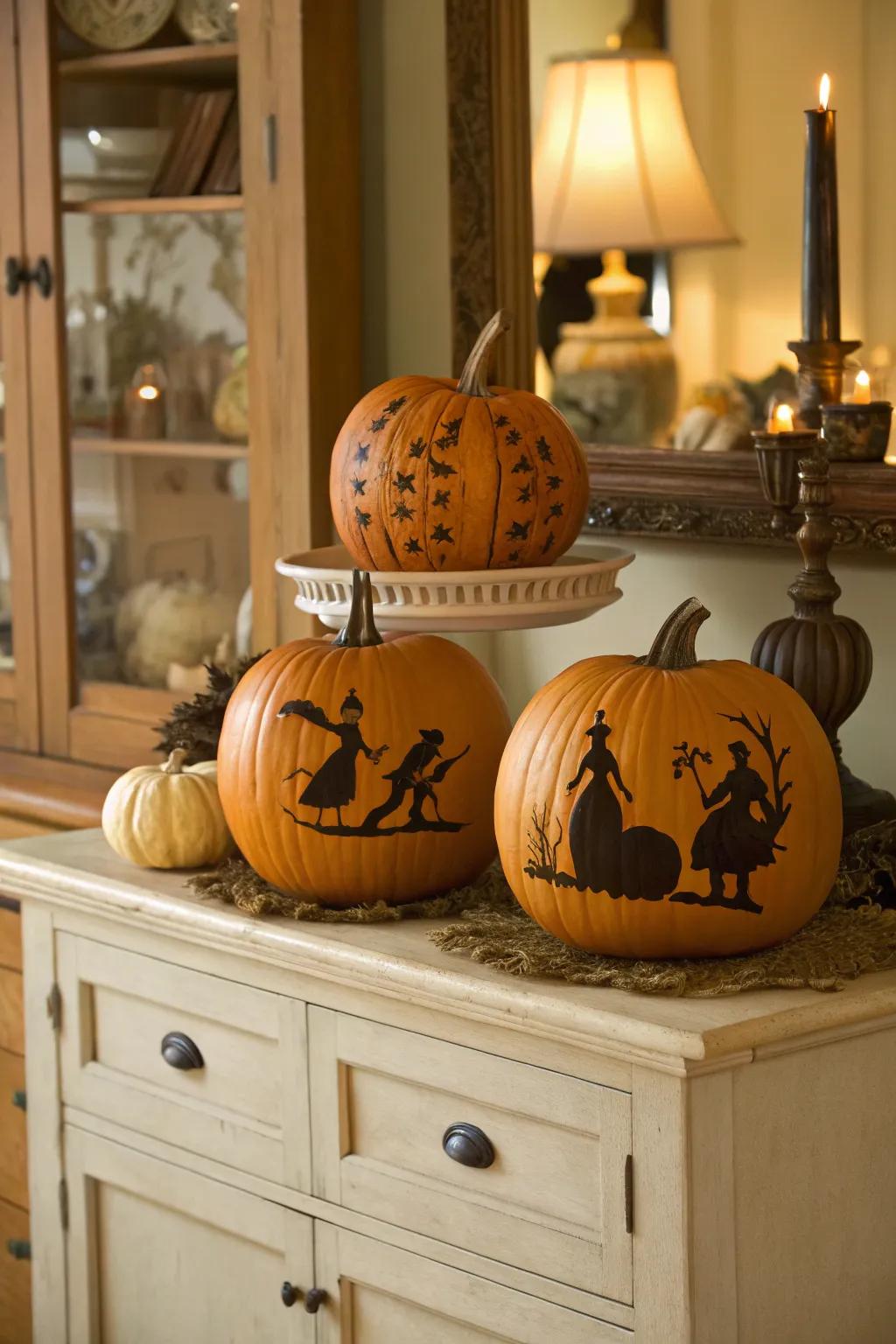 Add nostalgic charm with vintage silhouette pumpkin art.