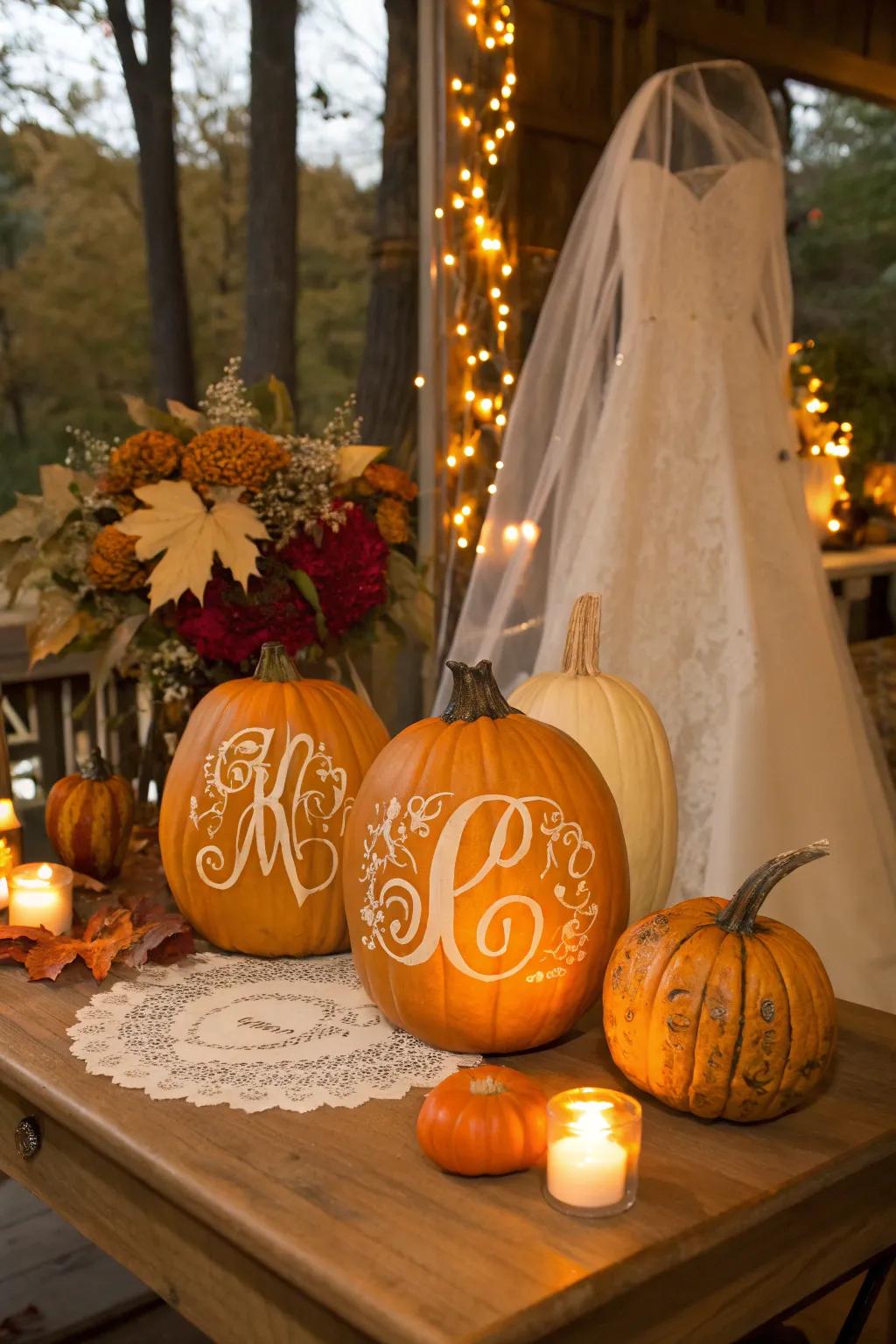 Personalized pumpkin monograms adding a unique touch to the decor.