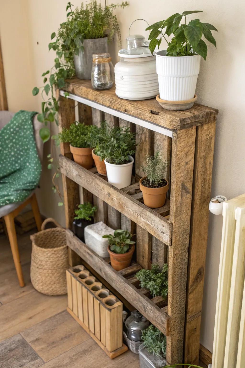 Sustainability meets style with repurposed materials for your radiator shelf.