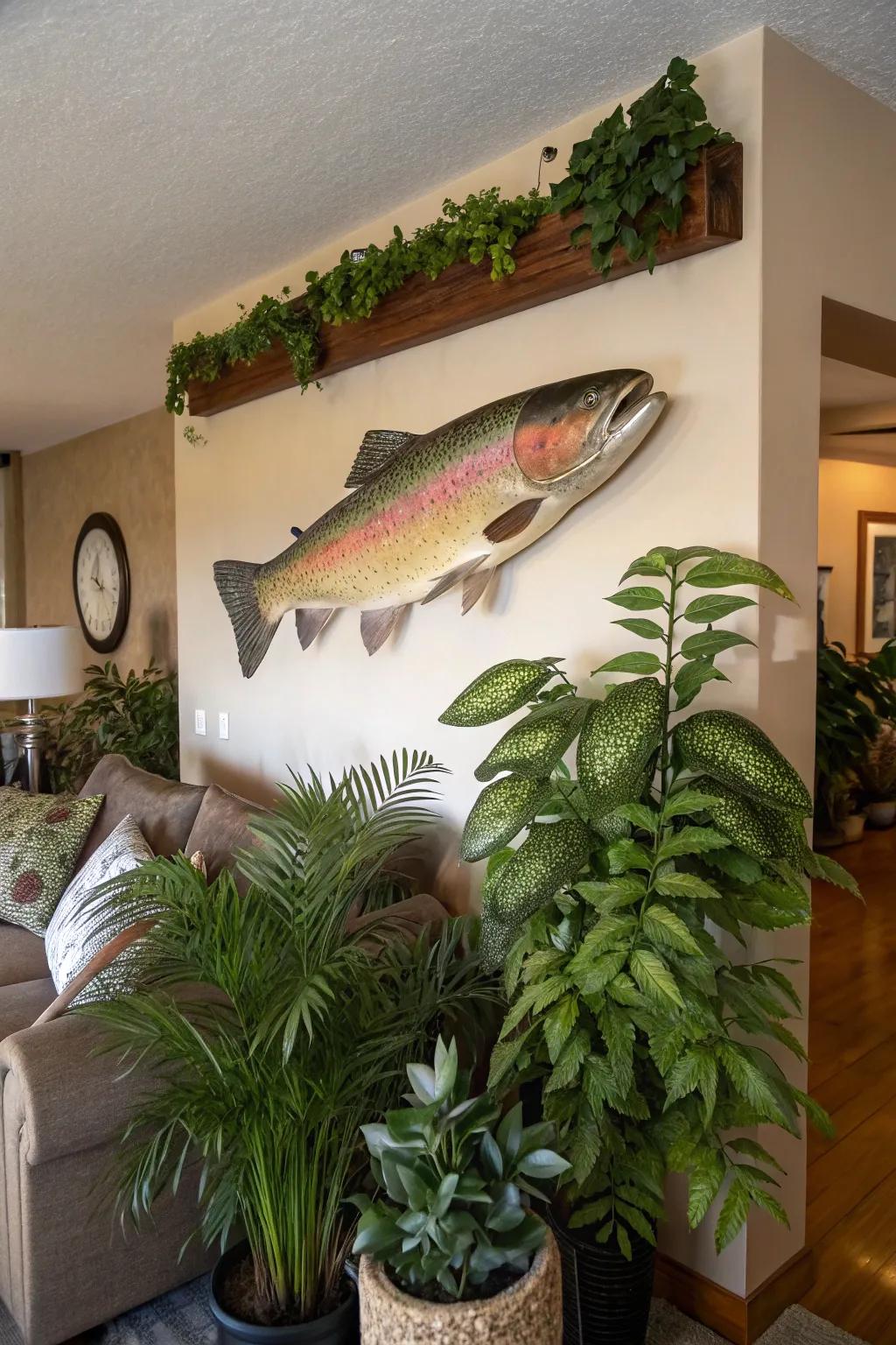 Incorporating greenery with a rainbow trout mount creates a fresh and natural look.