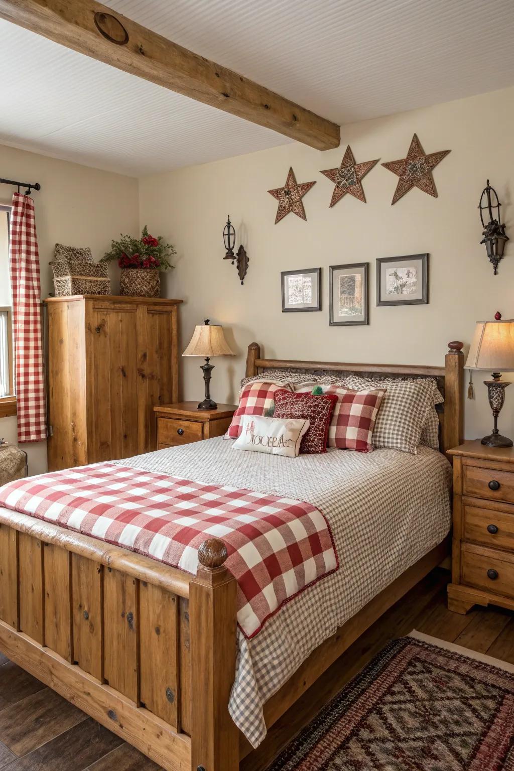 A rustic bedroom featuring gingham bedding and decor elements.