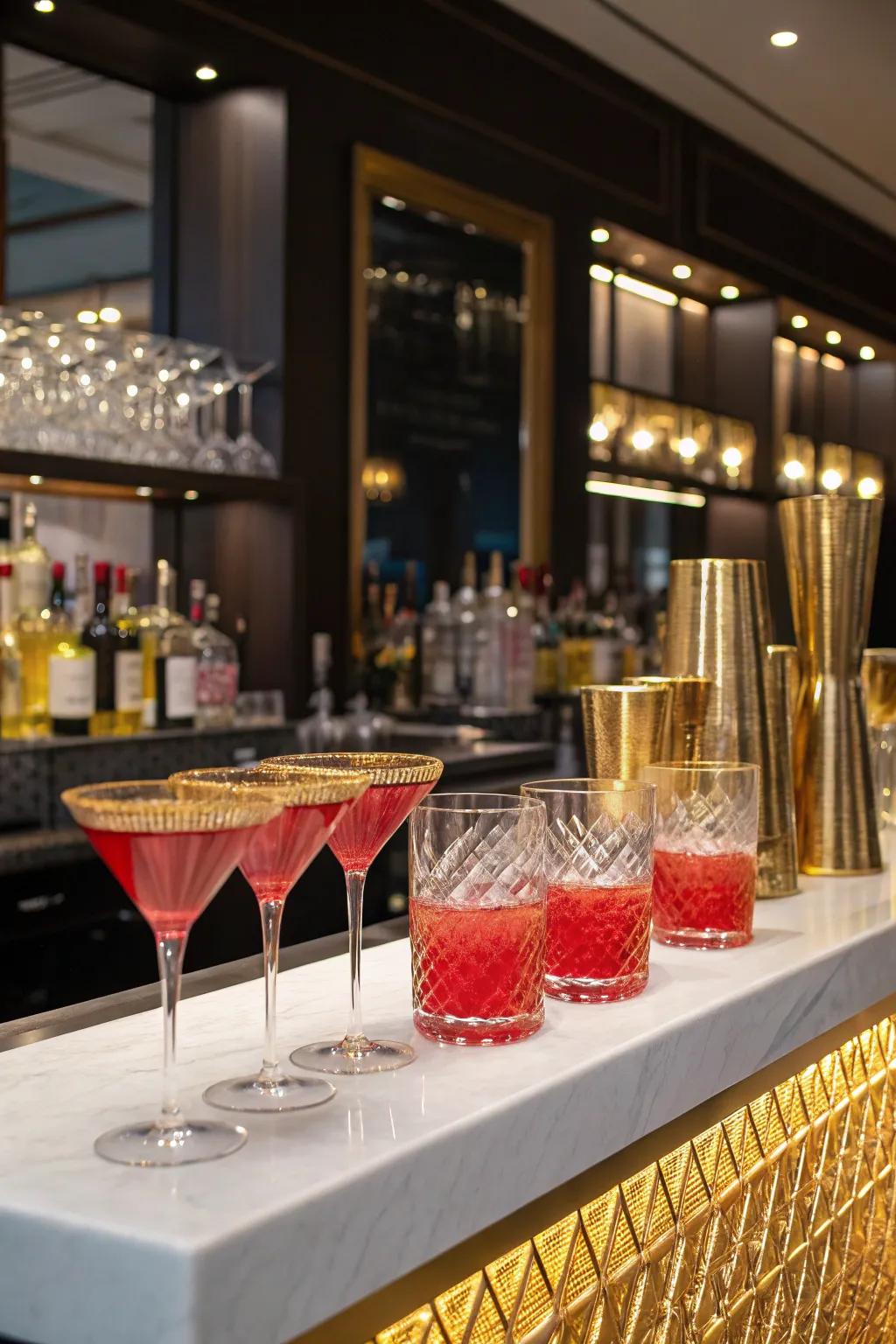 Gold-edged glassware adds class to the drink station.