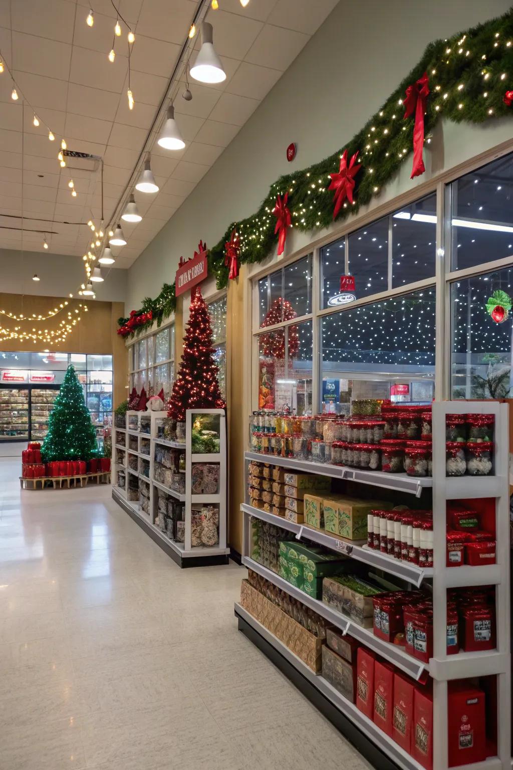 Thematic lighting enhancing the store's seasonal promotions.