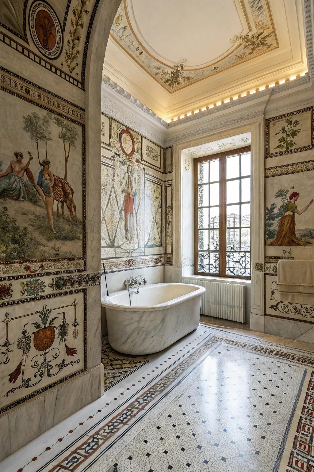 Historical details enrich the Roman theme in this stylish bathroom.