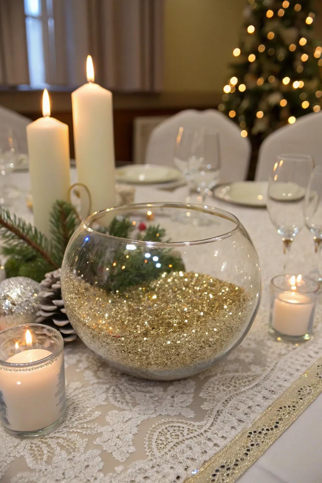 Glitter in a glass bowl adds a glamorous and festive sparkle.