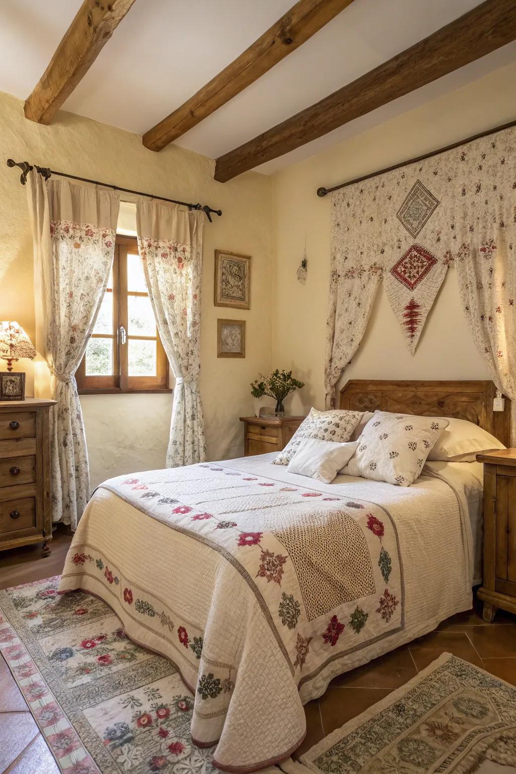 Patterns add visual interest to this rustic bedroom.