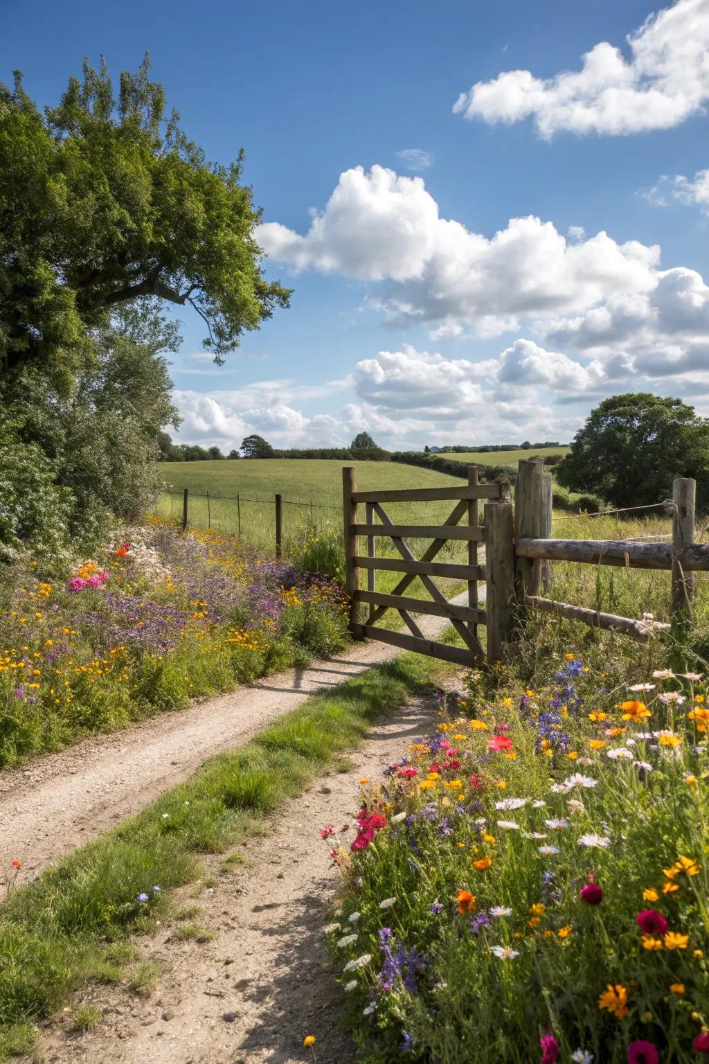 A farm gate framed by a colorful wildflower border.