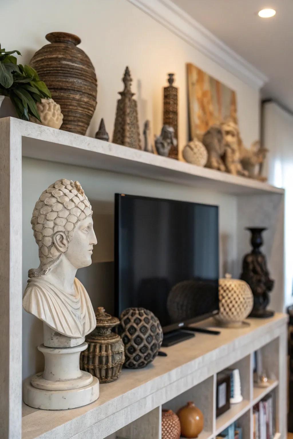 Sculptural accents add an artistic flair above the TV.