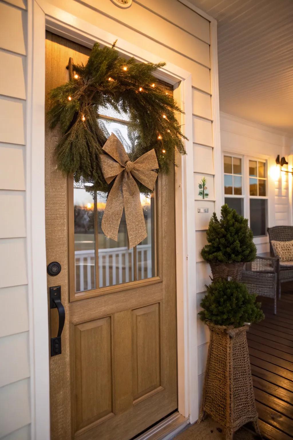 A burlap bow adds rustic elegance to holiday decorations.