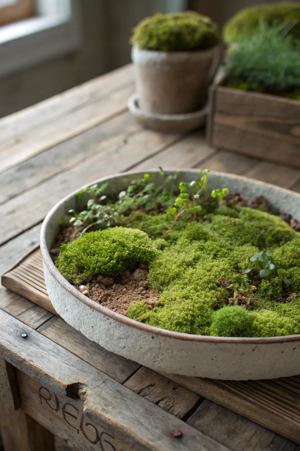 An earthy moss garden centerpiece brings the woodland indoors.