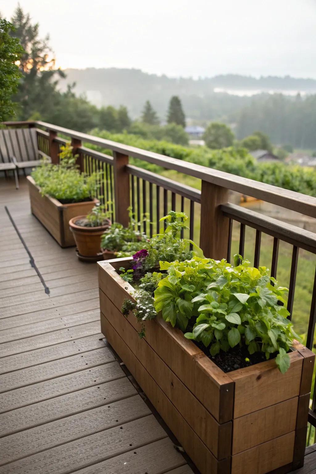 Built-in planter boxes adding greenery to a small deck.