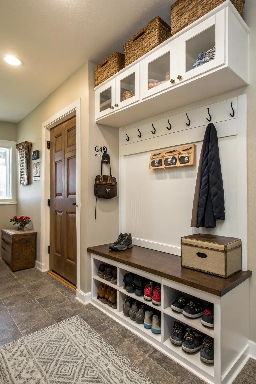 Built-in nooks provide elegant and space-saving shoe storage.