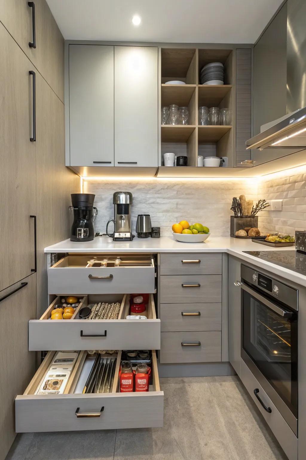 Hidden storage keeps your kitchen tidy and efficient.